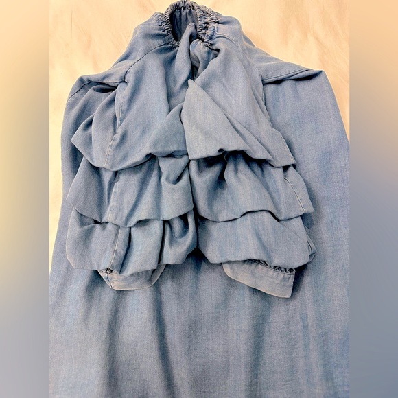 Zara off shoulder chambray denim tiered ruffle sleeve mini dress - Picture 5 of 8